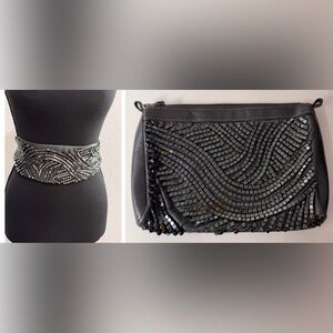 Tintoretto Charcoal Beaded Wrap Belt & Clutch Evening Chic Set